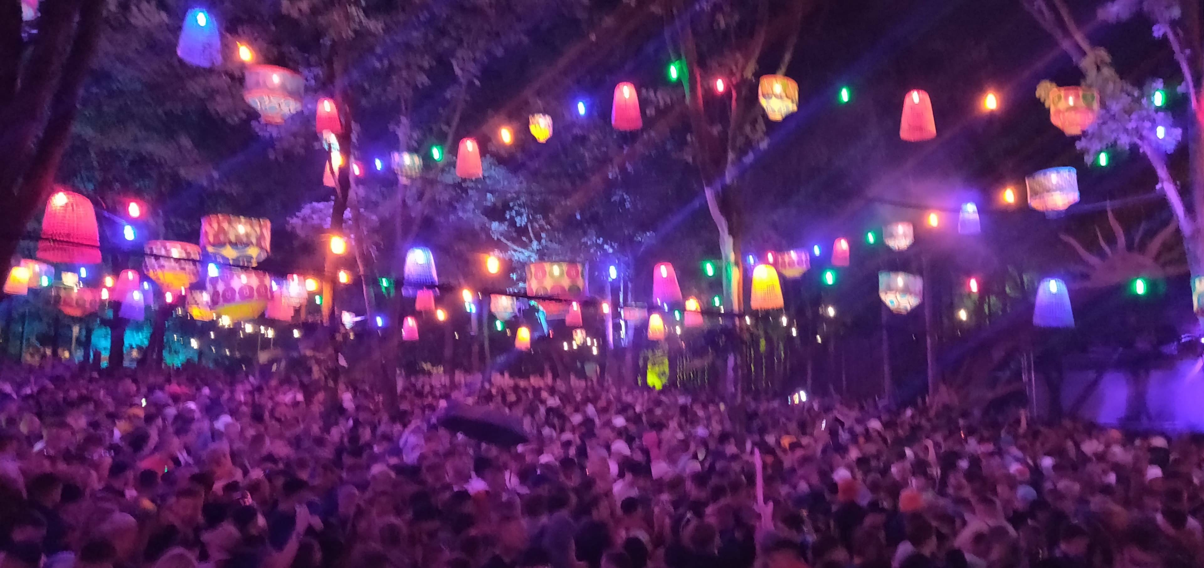 Hidden Woods stage at Boomtown glowing with coloured lamps above a night-time crowd