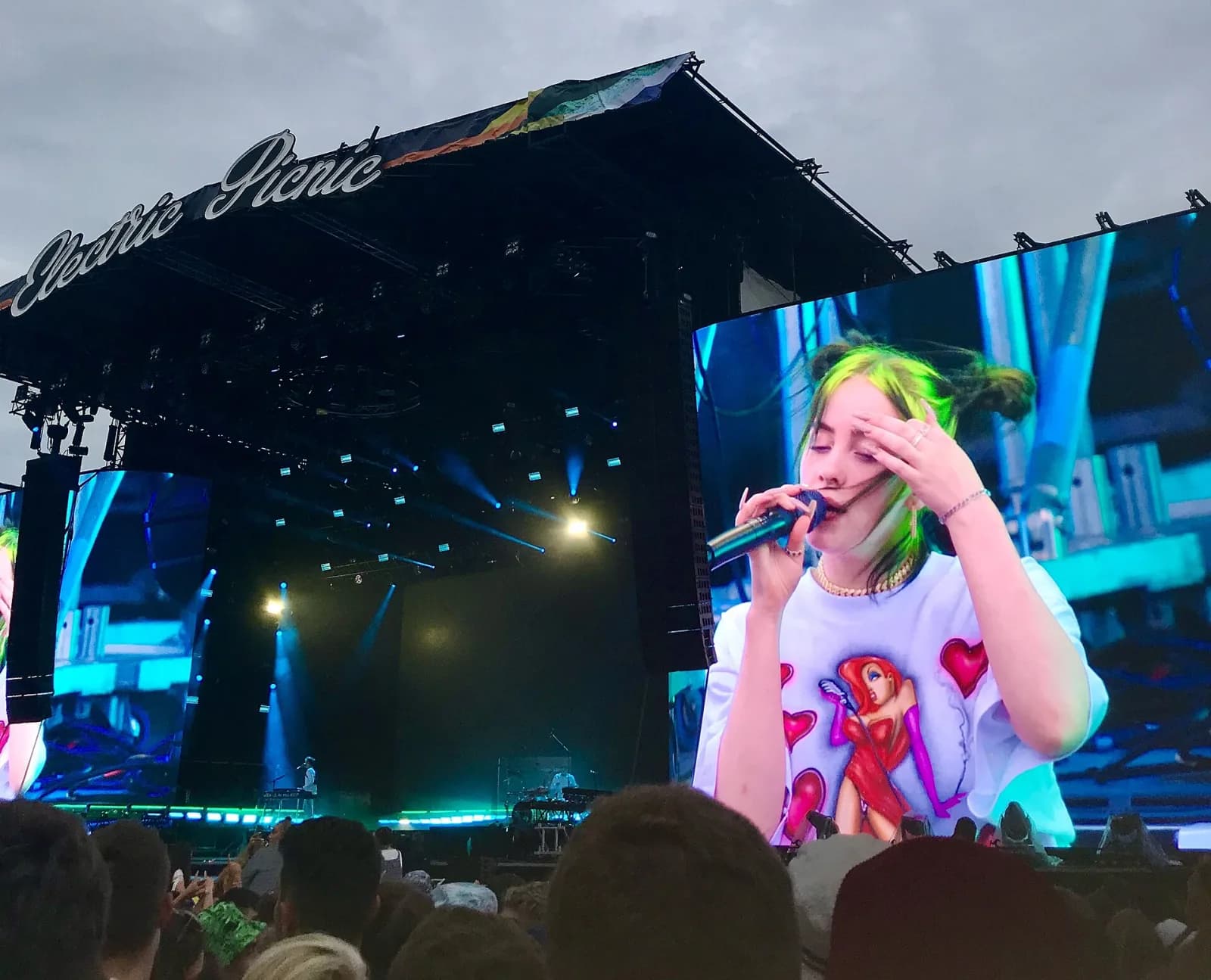 The Electric Picnic main stage with its script sign, Billie Eilish on the big screen