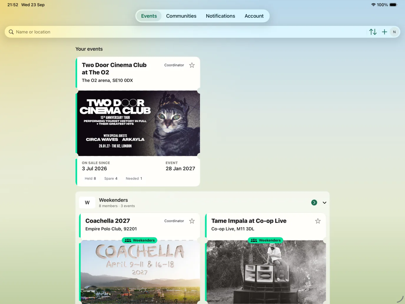 TicketSquad on iPad: the events dashboard with event cards side by side.