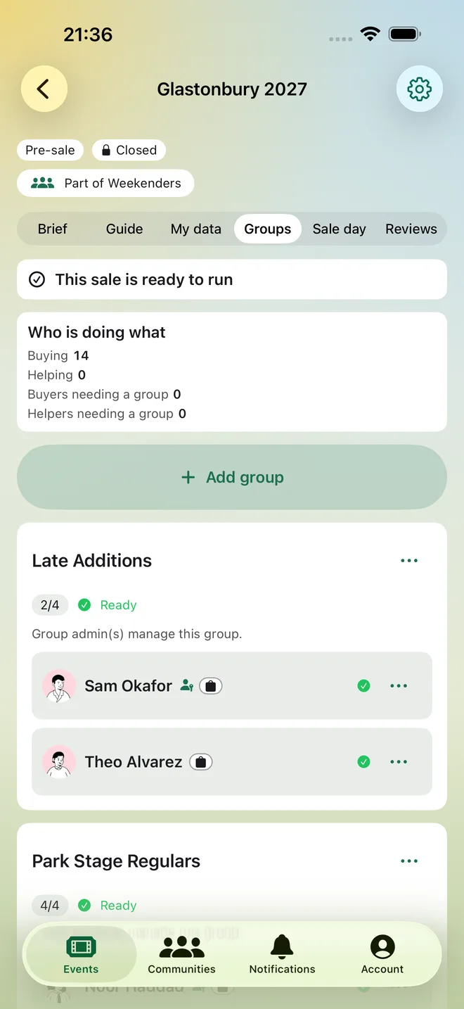 TicketSquad on iPhone: an event ready to run, split into buying groups with every member ready.