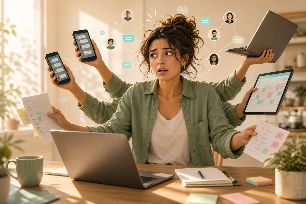 A flustered organiser juggling phones, plans, and a laptop before a high-demand ticket sale.