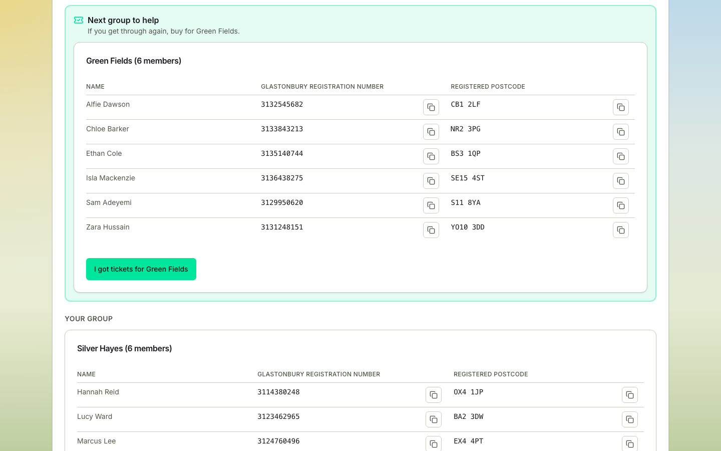 TicketSquad sale day tab on a Closed event showing the Next group to help panel with the matched group's checkout details above your own group