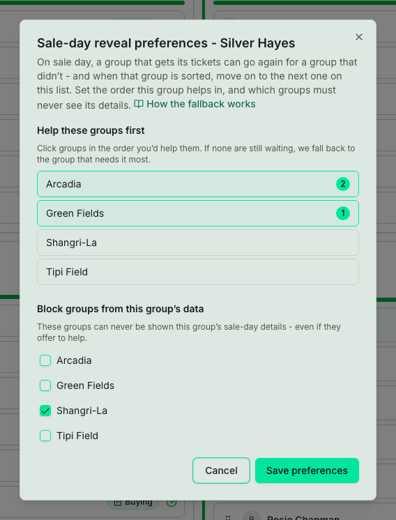 TicketSquad sale-day reveal preferences dialog with two groups numbered in help-first order and one group ticked to block
