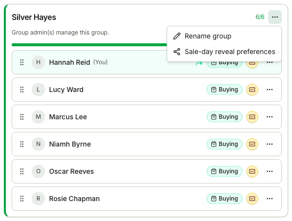 TicketSquad Groups page showing a buying group's card with its menu open on Rename group and Sale-day reveal preferences