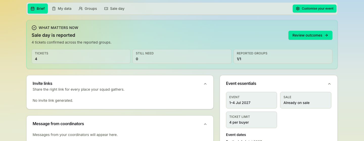 TicketSquad event brief showing sale day fully reported with every ticket confirmed