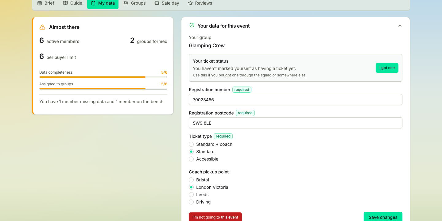 TicketSquad member data submission screen with event-specific fields