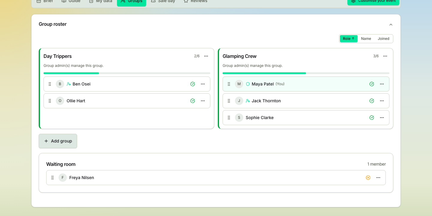 TicketSquad group roster showing members organised into buying groups with a waiting room