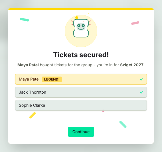 TicketSquad tickets-secured dialog confirming who is covered by a reported purchase