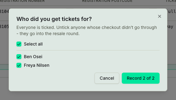 TicketSquad who-did-you-get-tickets-for dialog with a checkbox per group member and a Record 2 of 2 button