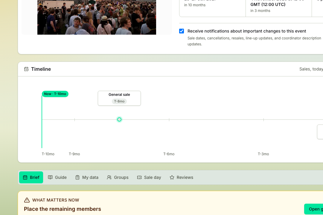 TicketSquad coordinator readiness view showing member completion and what matters now