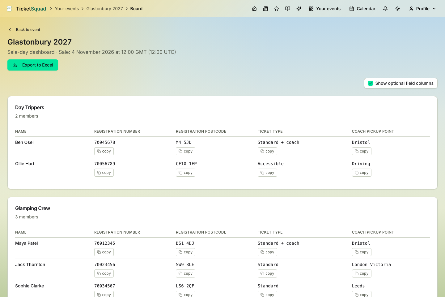 TicketSquad static sale-day board showing buyer-ready member details