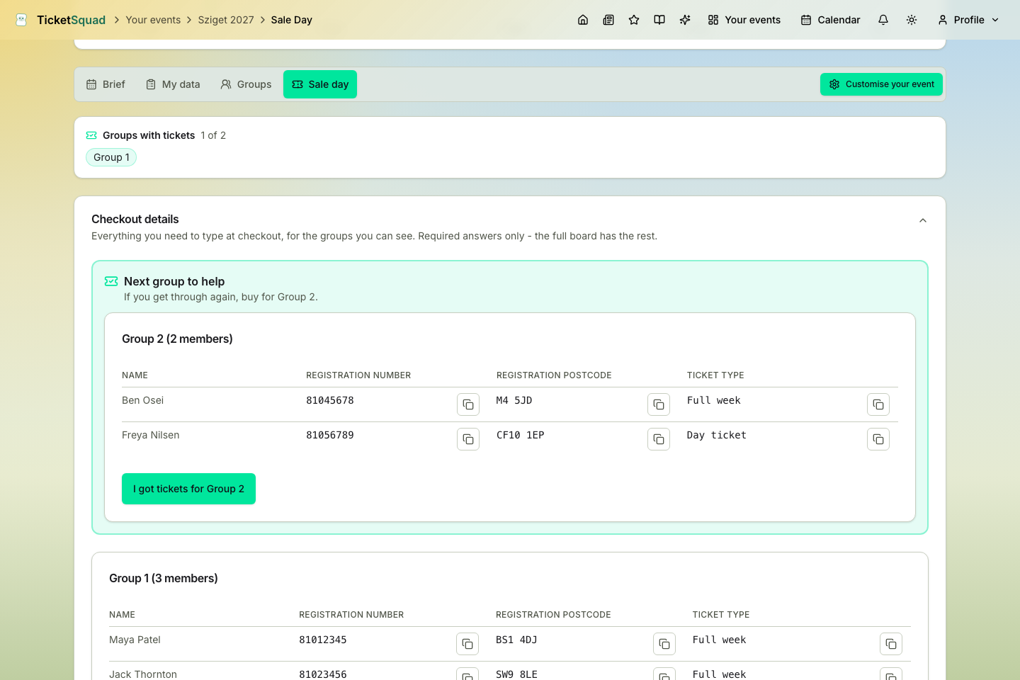 TicketSquad sale-day tab showing the groups-with-tickets tally, the next group to help, and each group's checkout answers with copy buttons