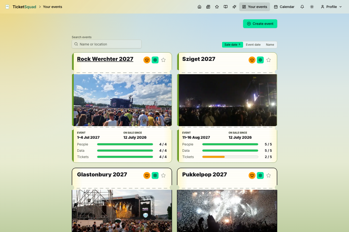 TicketSquad dashboard showing every event in one grid with live readiness bars