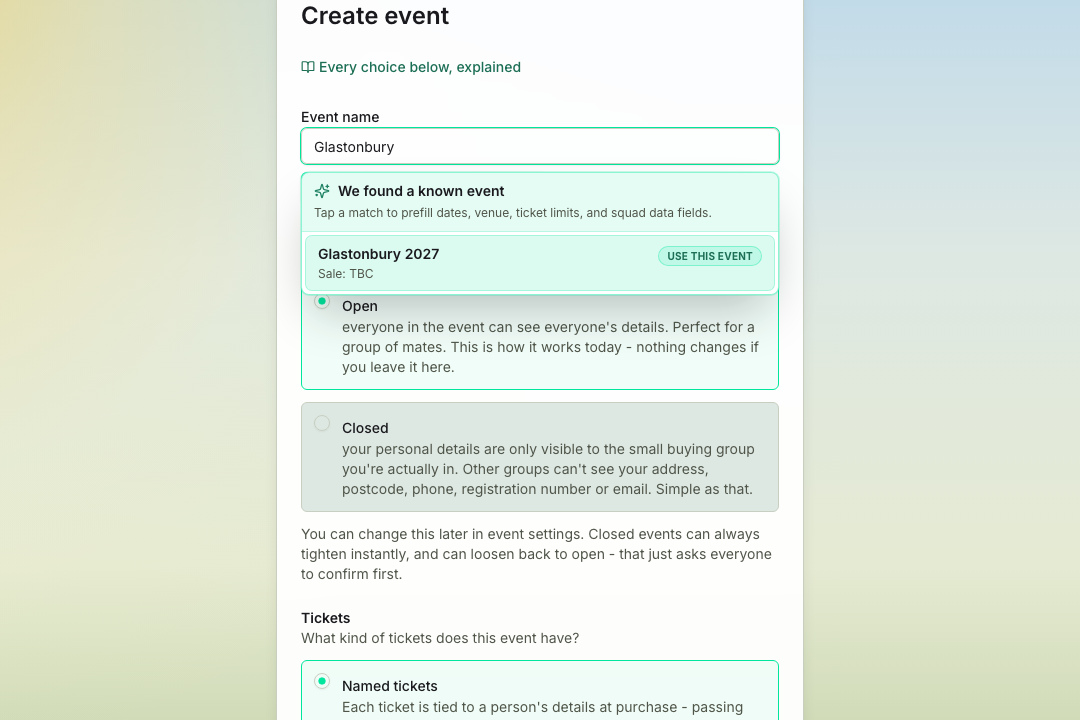 TicketSquad event setup screen showing a known-event selection flow