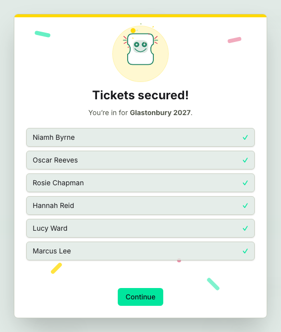 TicketSquad tickets secured card listing everyone in the group who now has a ticket