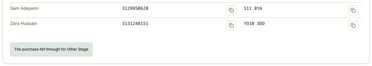 TicketSquad checkout table for a group that has tickets, ending in a The purchase fell through button
