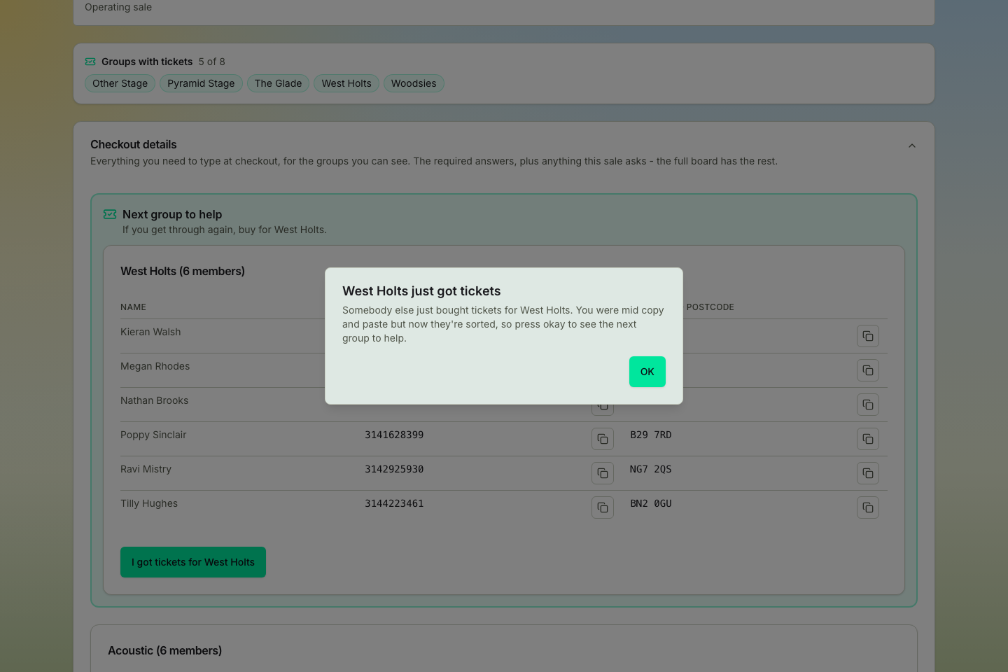TicketSquad sale day tab holding West Holts' checkout details on screen beneath a West Holts just got tickets message with an OK button