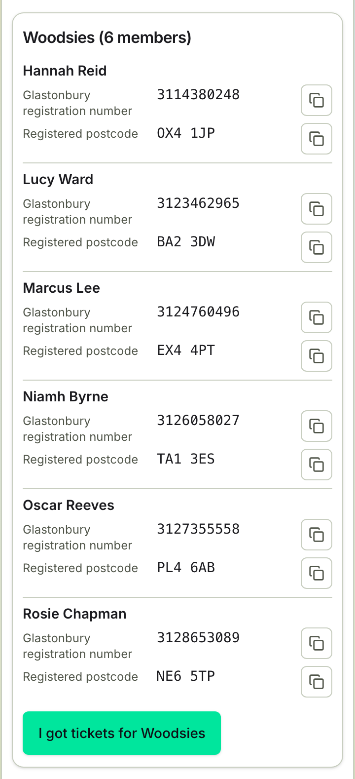 TicketSquad sale day tab at phone width showing each member of your group with their registration number and postcode and a copy button beside each
