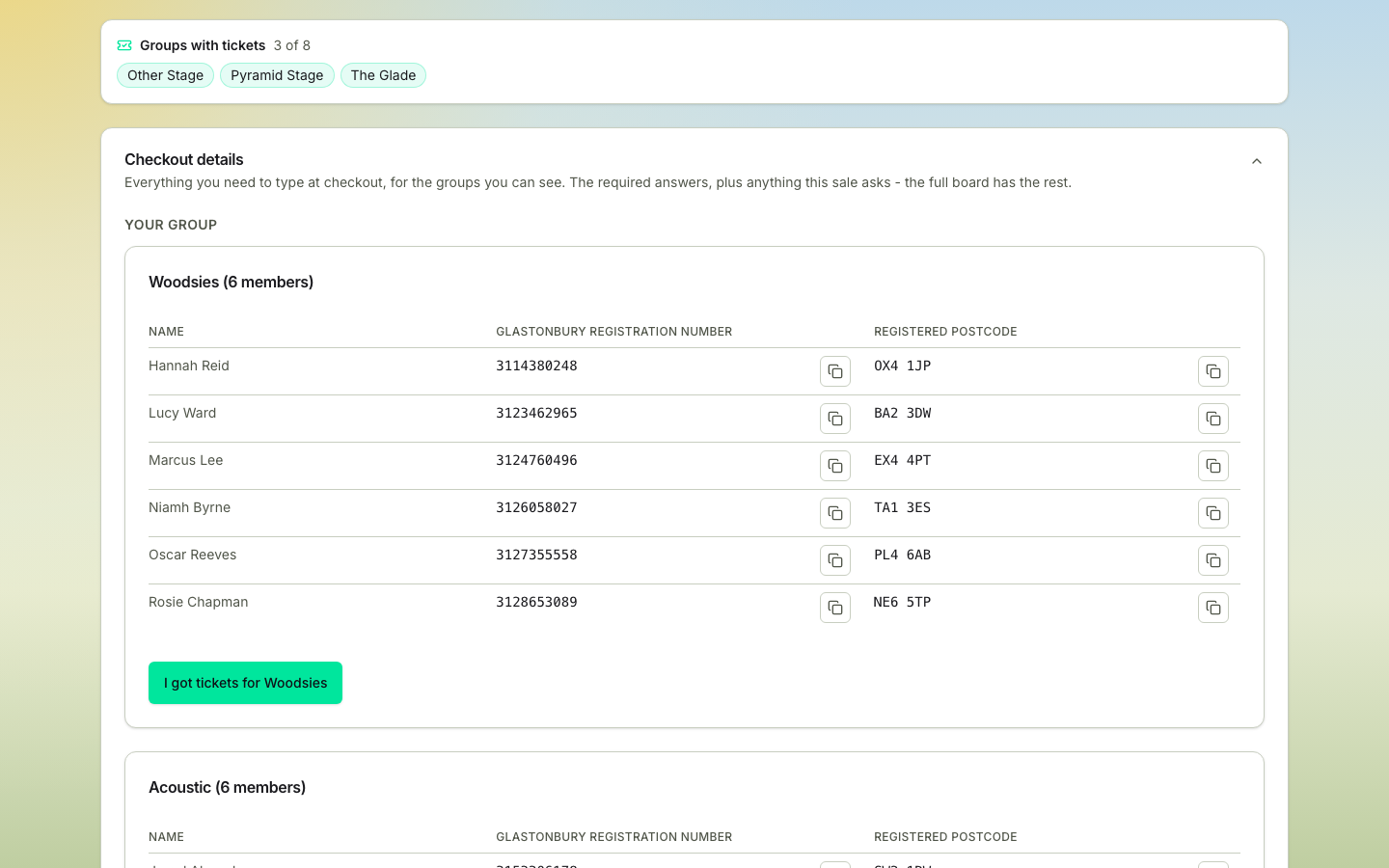 TicketSquad sale day tab showing the groups-with-tickets tally above your own group's registration numbers and postcodes, each with a copy button, and the I got tickets button
