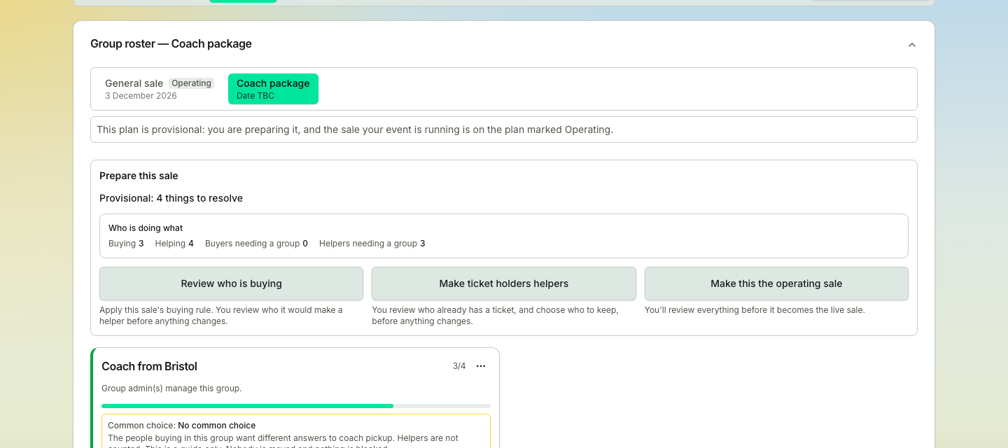 TicketSquad Groups page showing the plan switcher with the running sale marked Operating, the provisional-plan notice and the Prepare this sale group