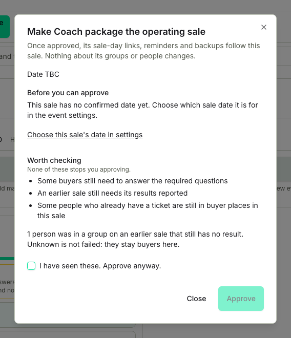 TicketSquad review for making a coach plan the operating sale, showing the missing date that stops it and the things worth checking