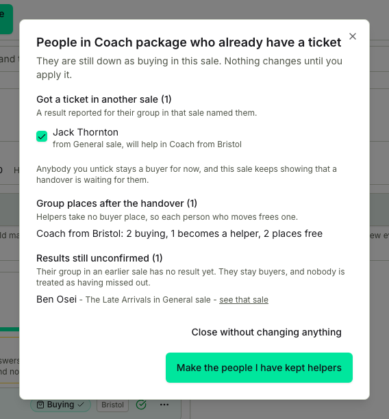 TicketSquad review listing the people in a coach plan who already have a ticket, where each would help, and the group places that frees