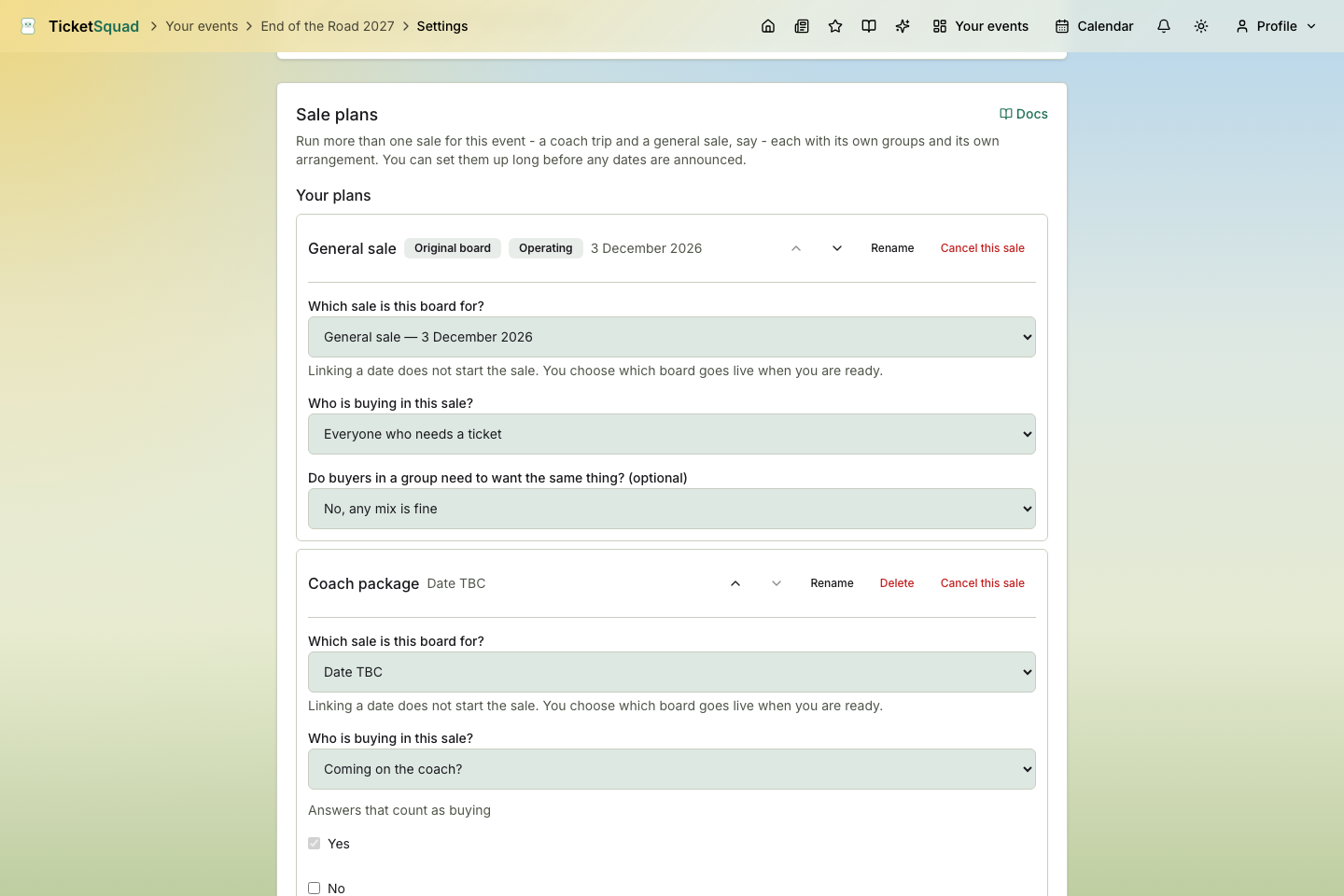 TicketSquad event settings showing the Sale plans section with the original board marked Operating and a coach plan at Date TBC