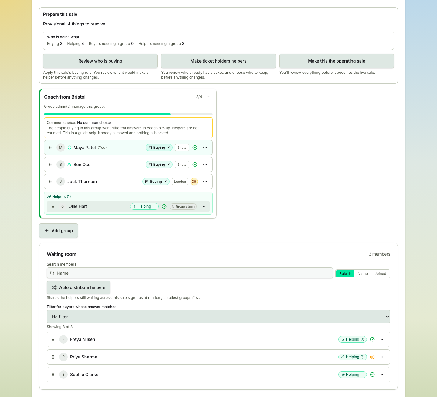 TicketSquad Groups page showing the Prepare this sale group with its four counts and three actions, buyers and helpers badged by rule, and assumed helpers in the waiting room