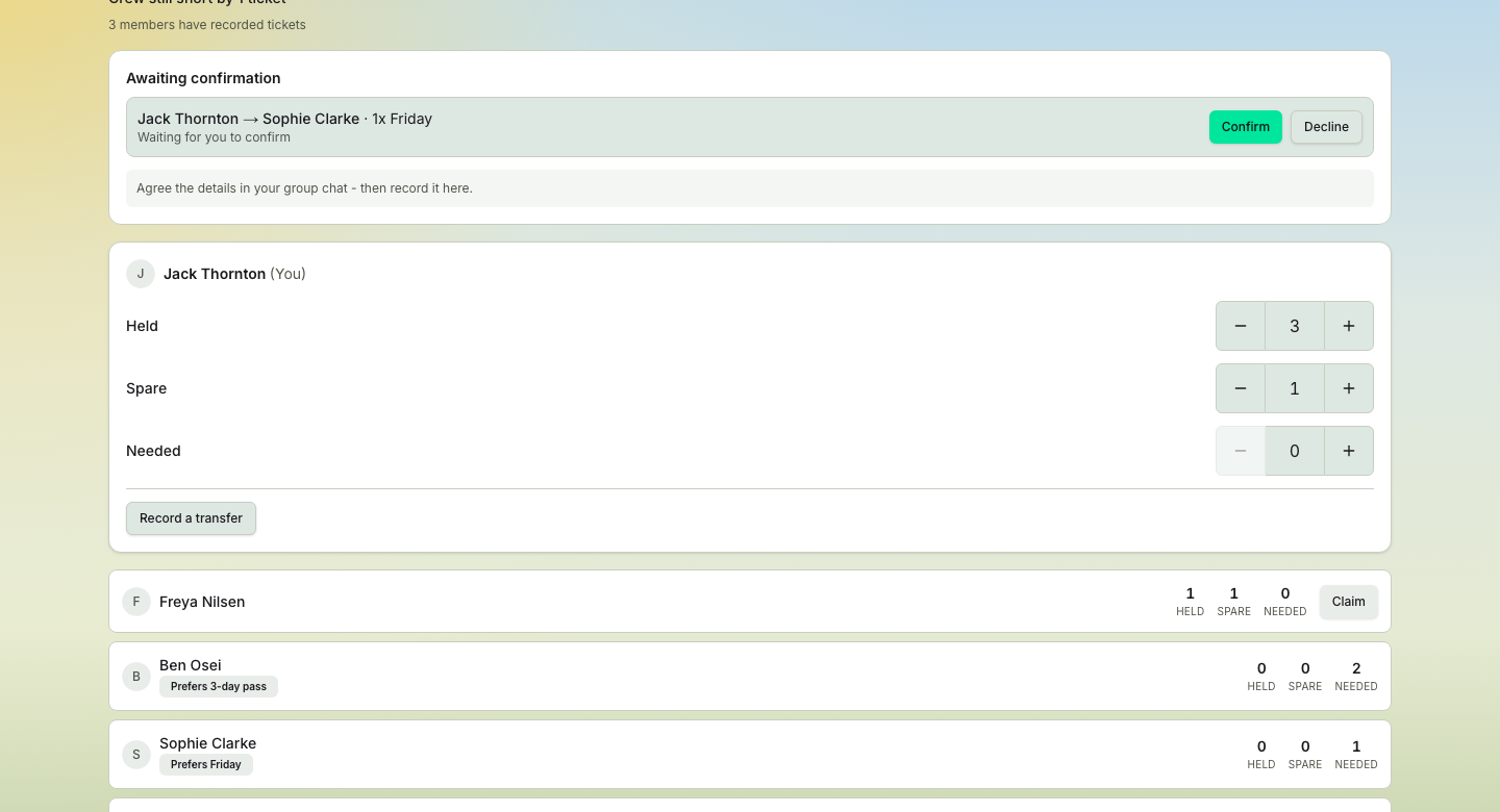 TicketSquad tickets page showing a claim awaiting the holder's confirmation above the member positions