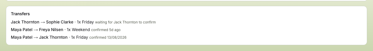 TicketSquad transfers ledger listing pending and confirmed hand-overs with names, quantities and ticket types