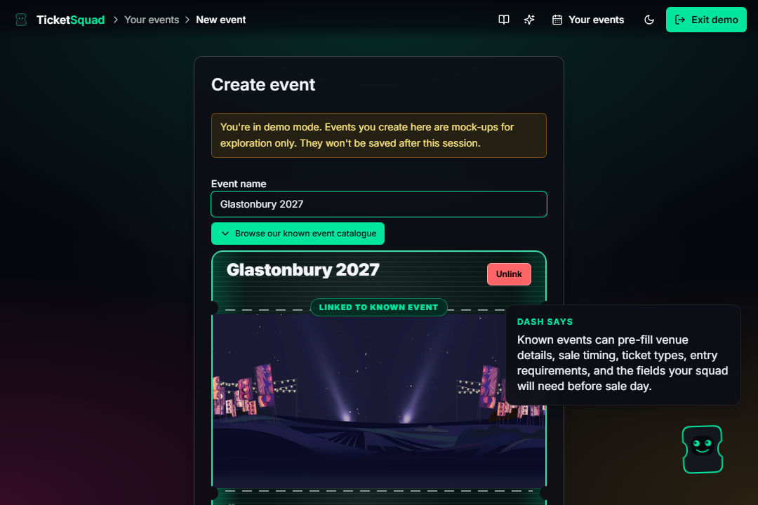 TicketSquad event setup screen showing a known-event selection flow