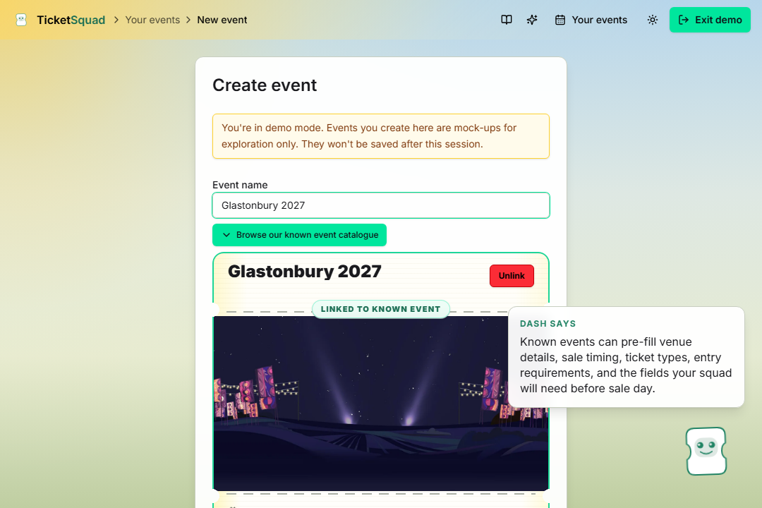 TicketSquad event setup screen showing a known-event selection flow