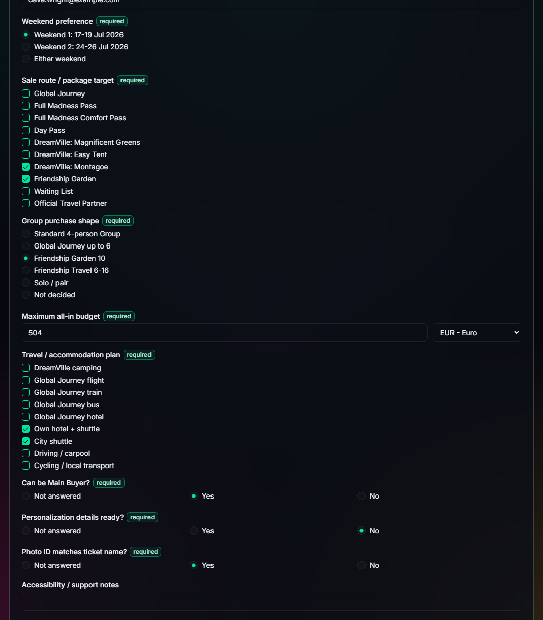 TicketSquad member data submission screen with event-specific fields