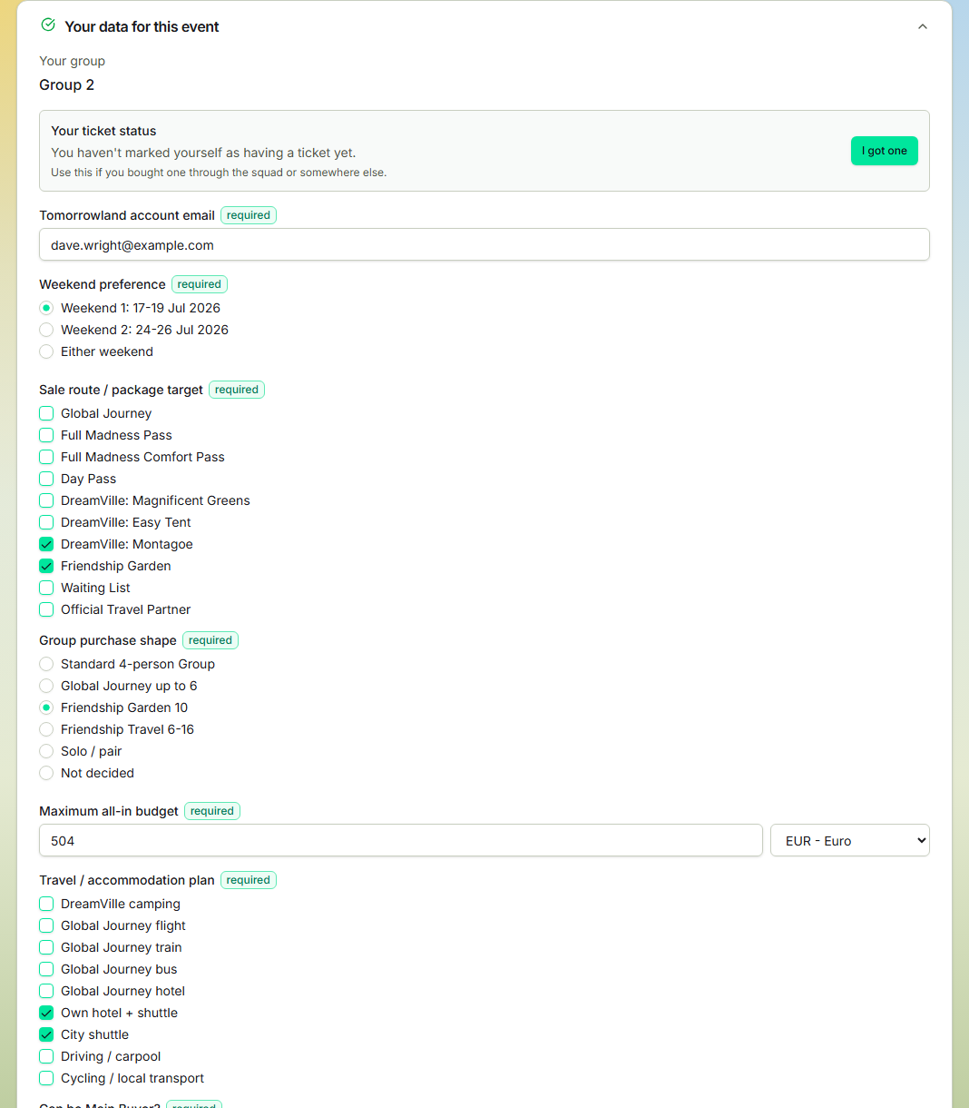 TicketSquad member data submission screen with event-specific fields