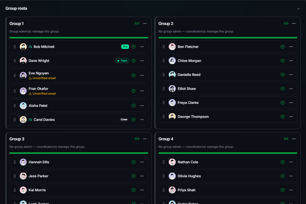 TicketSquad group assignment screen showing members organised into buying groups