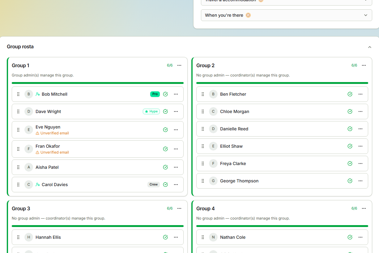 TicketSquad group assignment screen showing members organised into buying groups