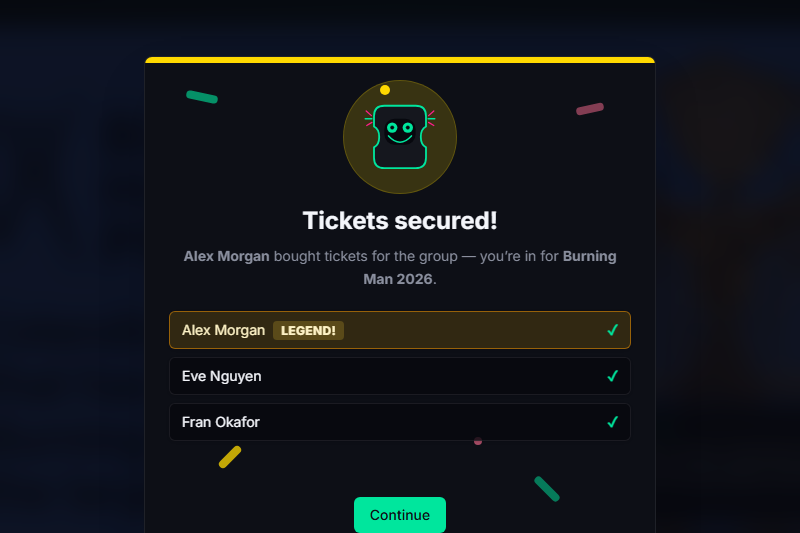 TicketSquad celebration screen showing every member in a buying group got tickets