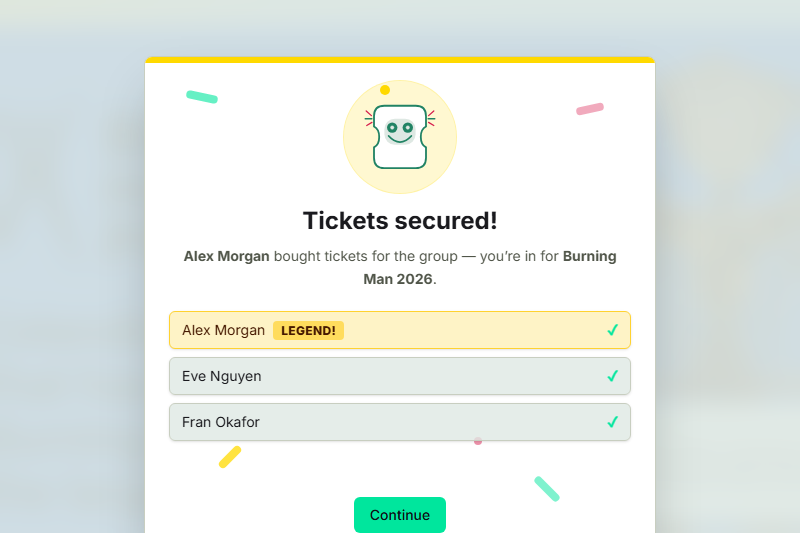 TicketSquad celebration screen showing every member in a buying group got tickets