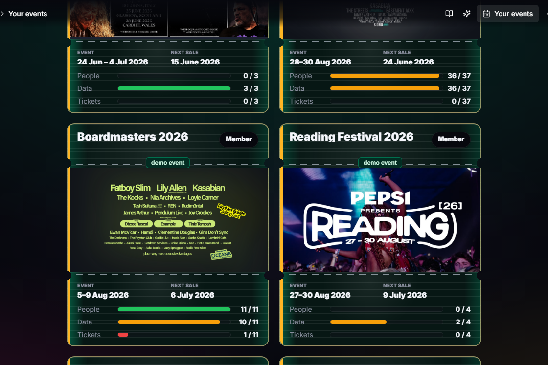TicketSquad dashboard showing all demo events in one centred event grid
