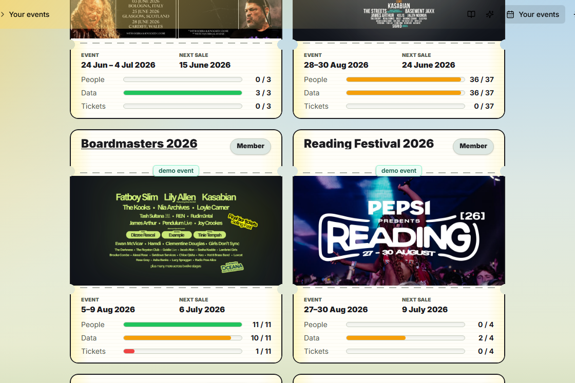 TicketSquad dashboard showing all demo events in one centred event grid
